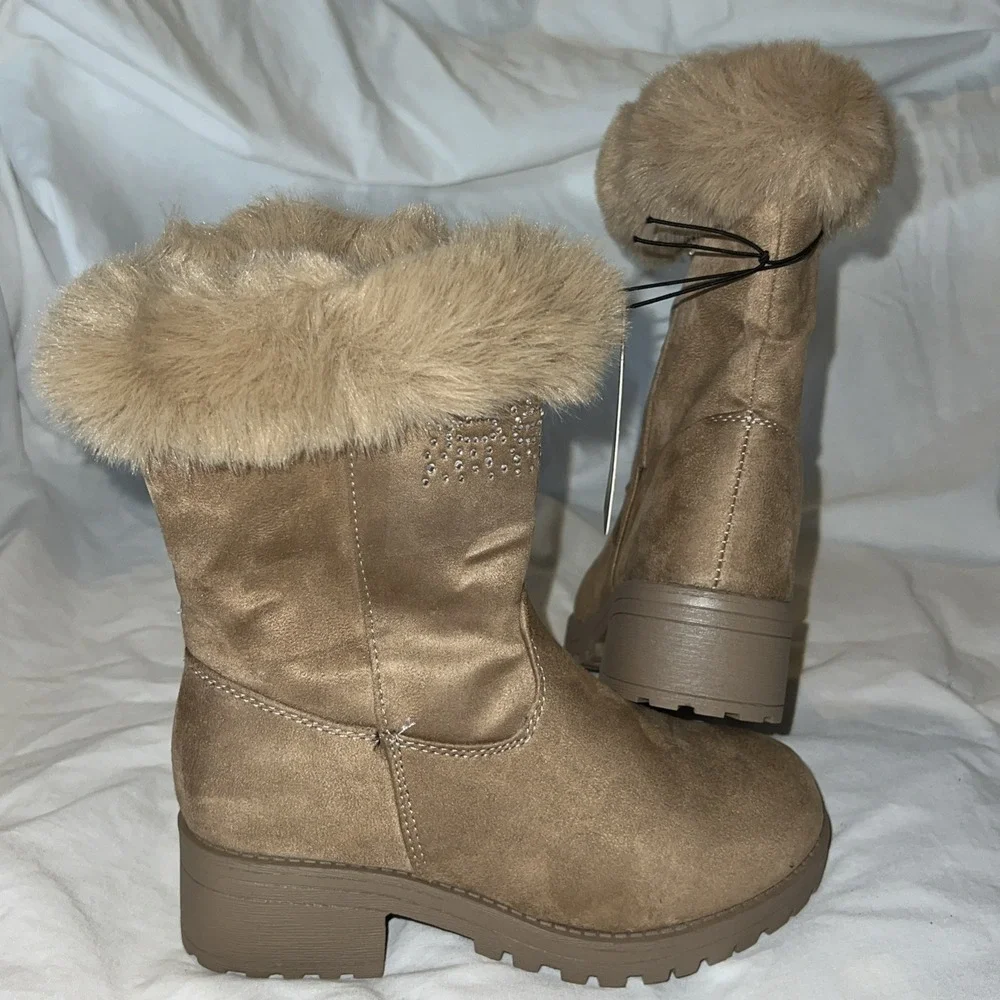 BEBE GIRLS FAUX FUR Fashion BOOTS TAN BROWN SHOES 1 NEW Rhinstones Cowgirl Bling